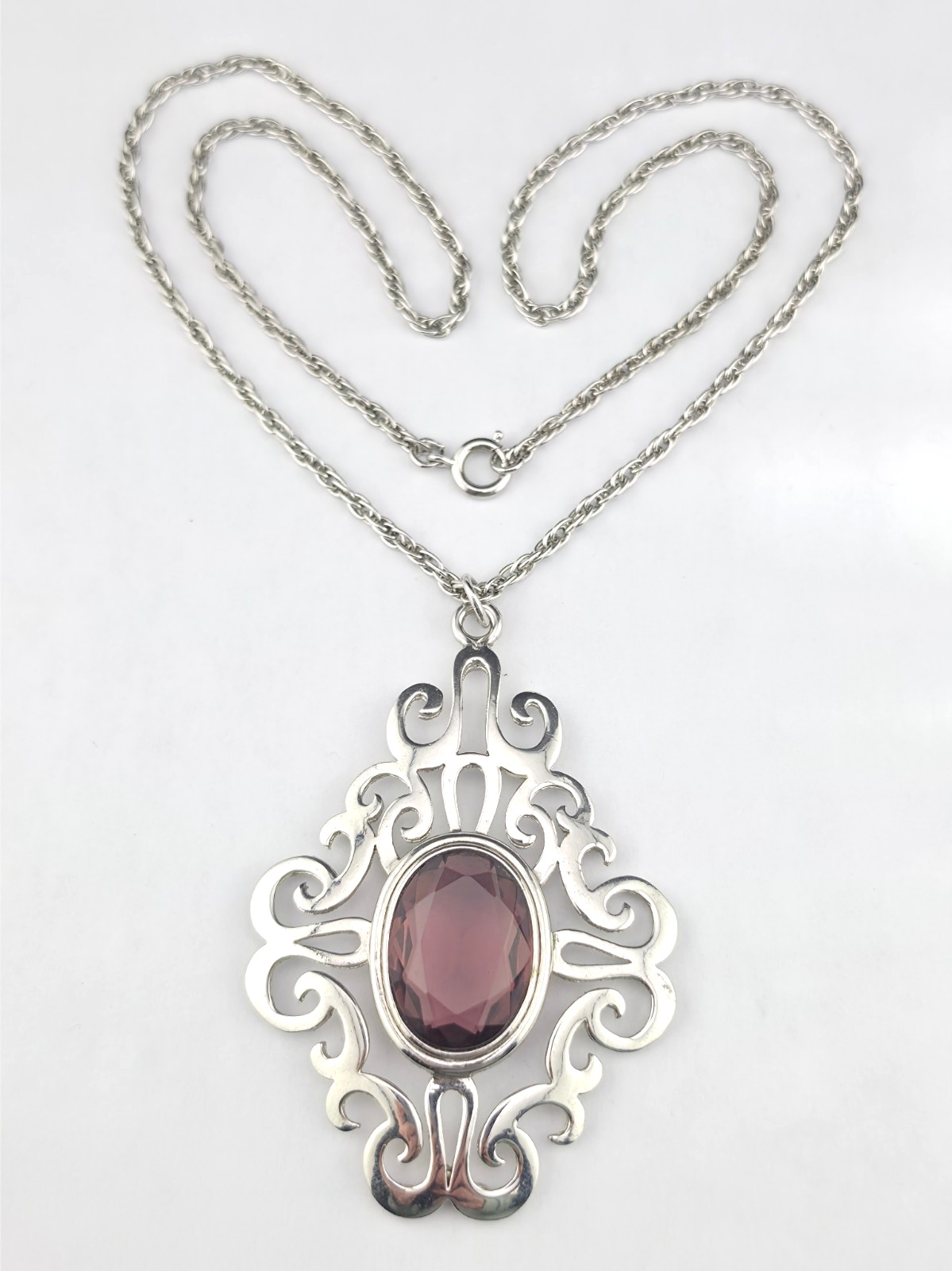 Vintage Sarah Coventry Purple Amethyst Glass Crystal Pendant 24″ Chain Necklace