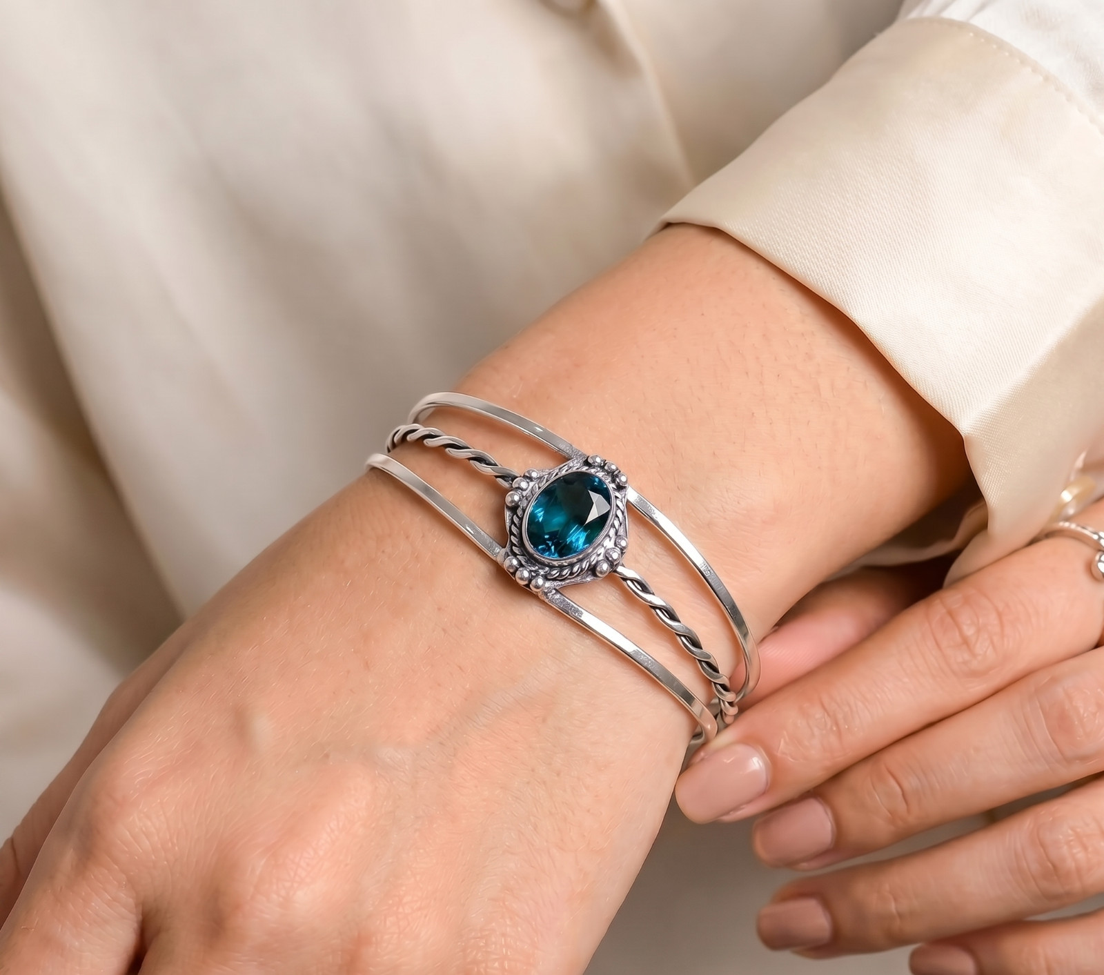 London Blue Topaz Handmade Cuff Bracelet 925 Sterling Silver ADJ” Boho Jewelry