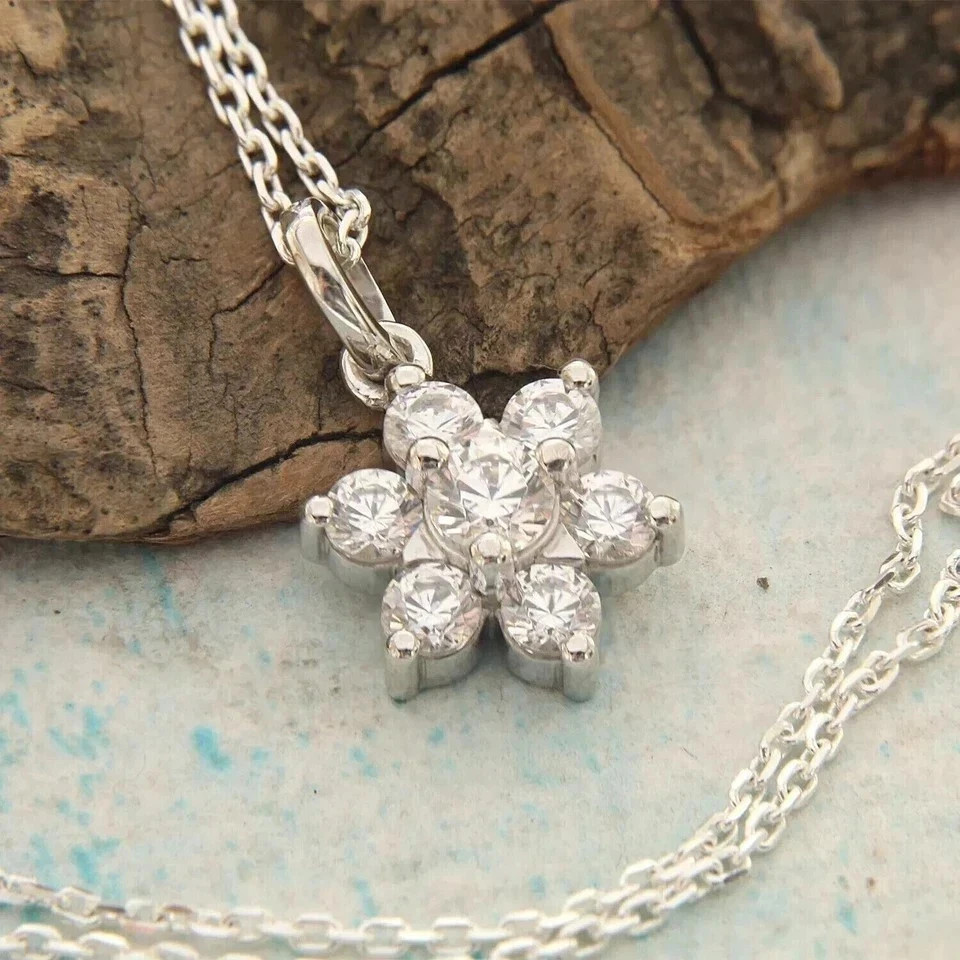 Dainty Flower Moissanite Pendant Necklace 14k White Gold Plated Gift for Women
