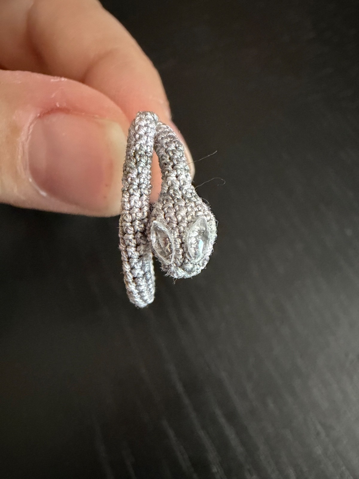 HANDMADE Crochet Snake Ring Rhinestone Eyes Silver Adjustable Wire Statement