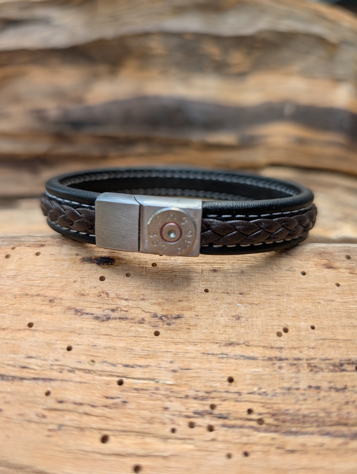 Black and Brown Braided Leather Bullet Bracelet with a 9, 38,40 or 357 Bullet.