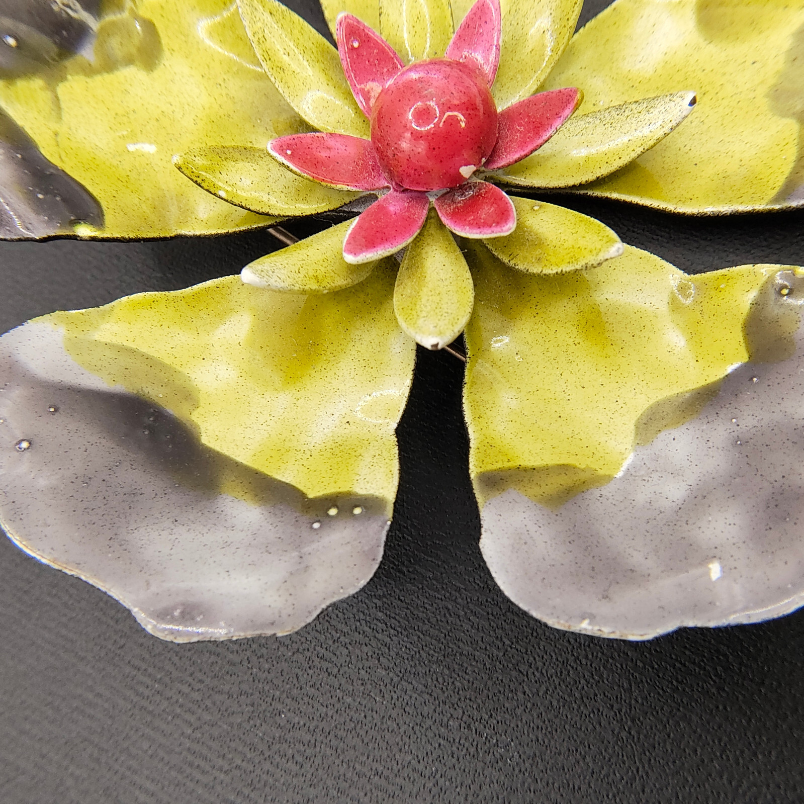 Vintage Hibiscus Flower Brooch Pin Enamel Black Gray Yellow Red 1960s-1970s MCM