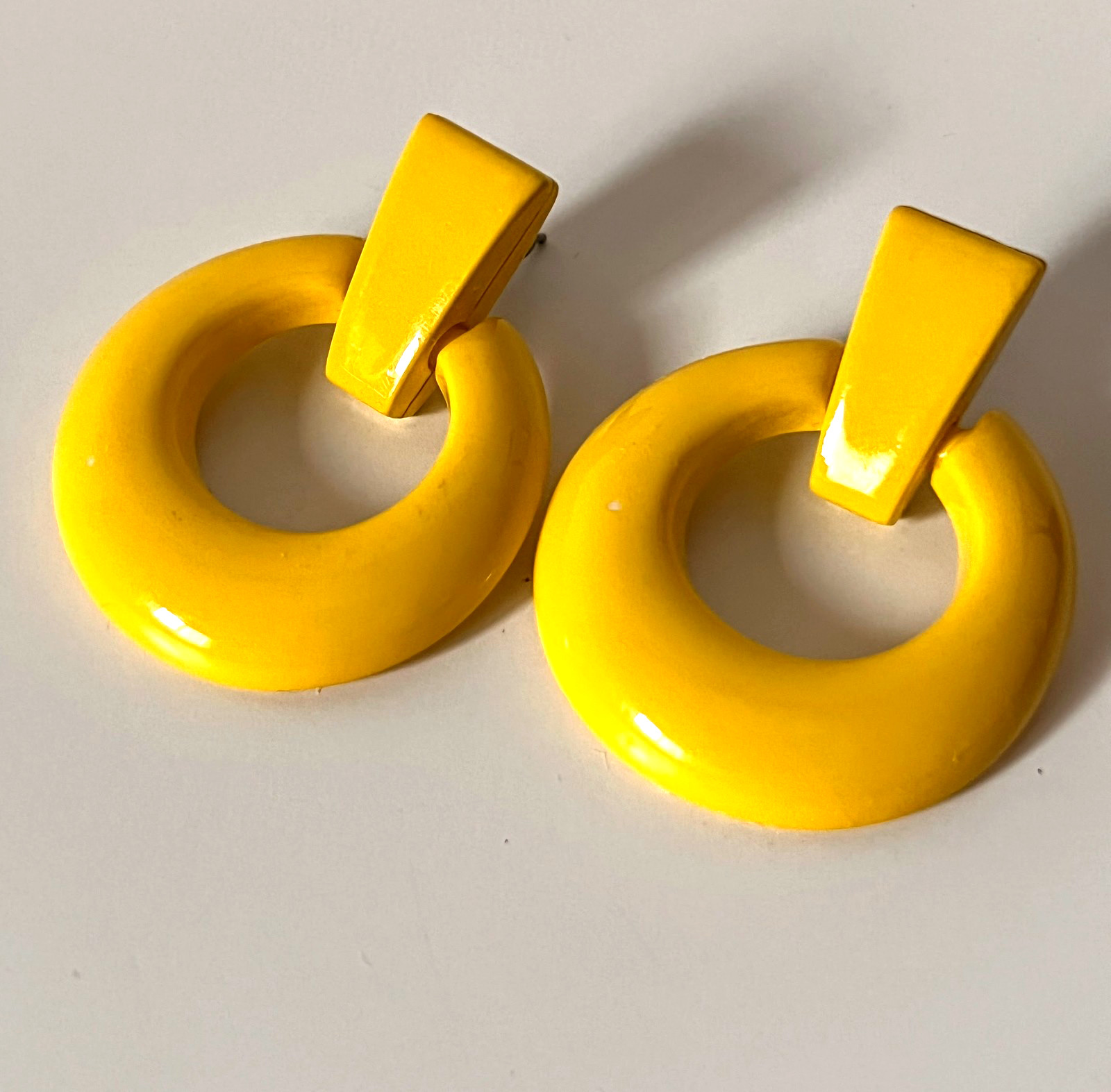Vintage Bright Mustard Yellow Door Knocker Pierced Earrings