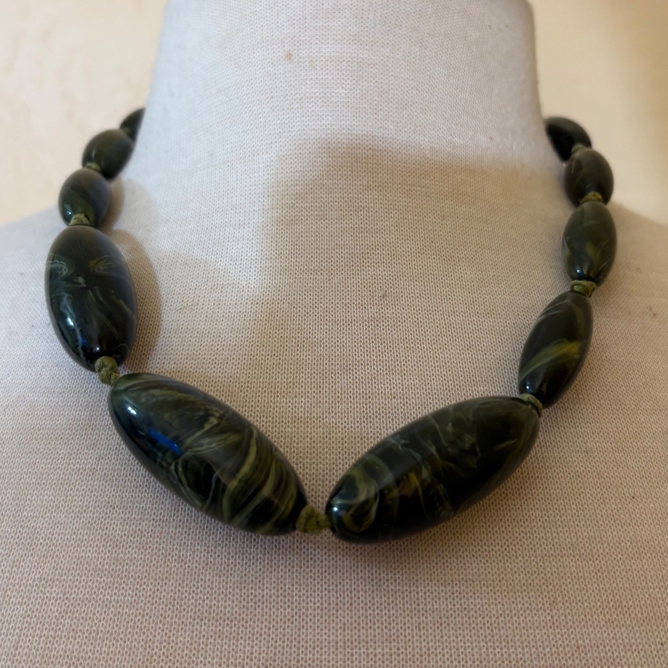 Marbled Olive Green Black Resin Chunky Bead Statement Necklace Adjustable