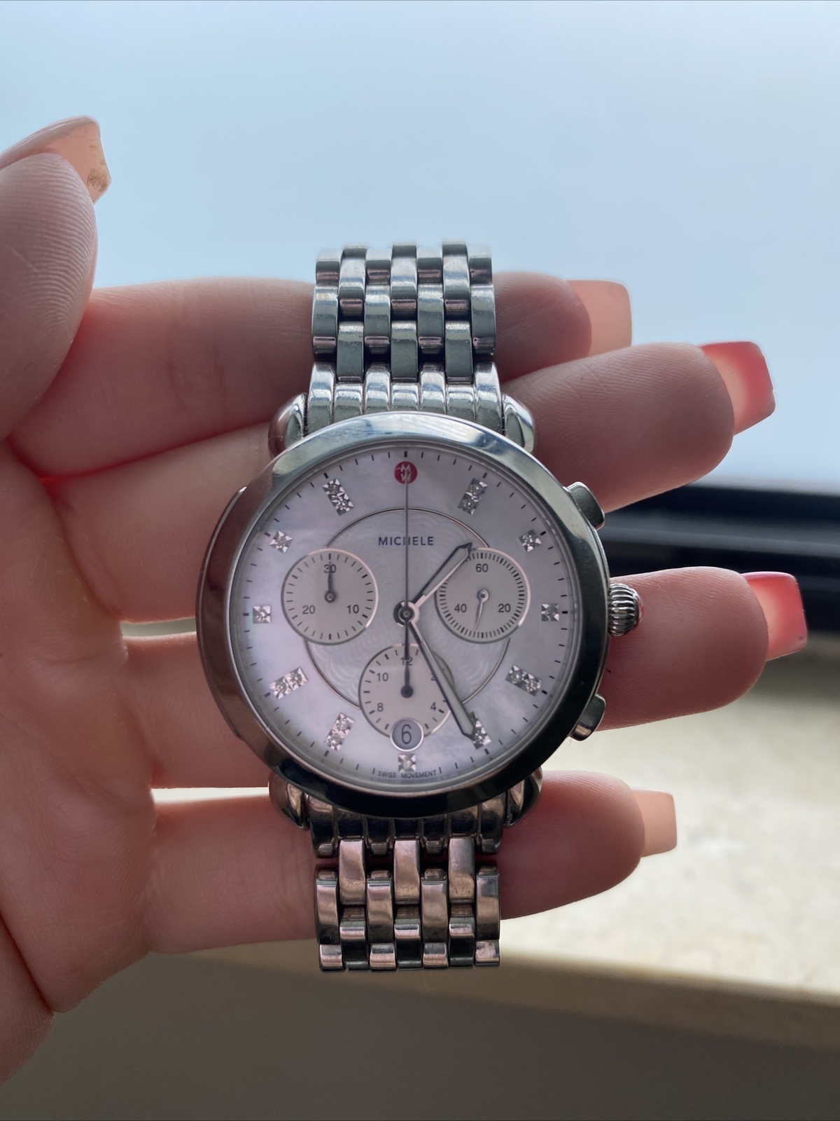 USED SLIGHTLYMICHELE SIDNEY MW30A00A0046 STAINLESS WHITE MOP DIAMOND DIAL WATCH
