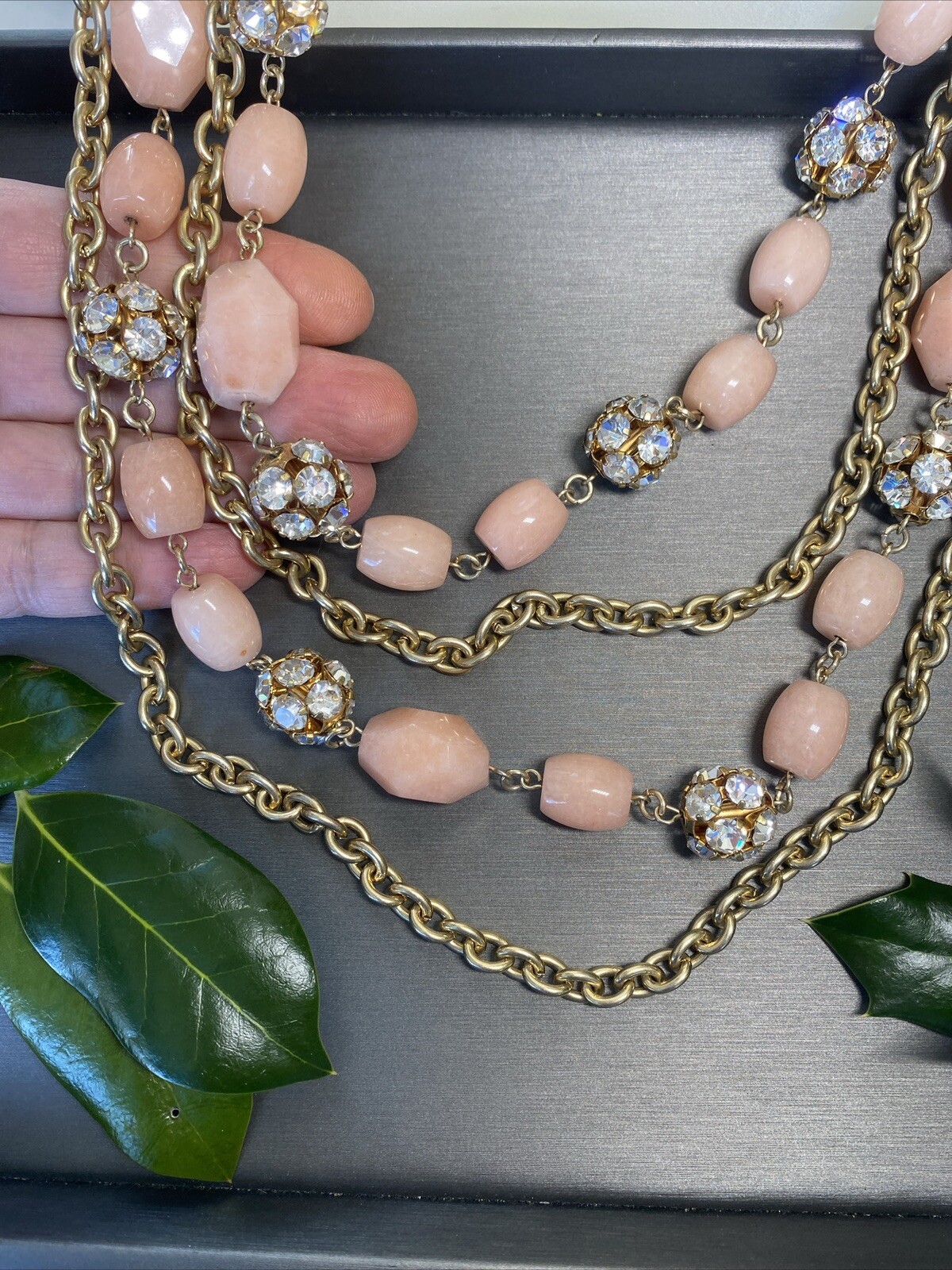 Vintage Necklace Estate Jewelry Pre-Owned Pink Gem Unusual Layered Sautoir