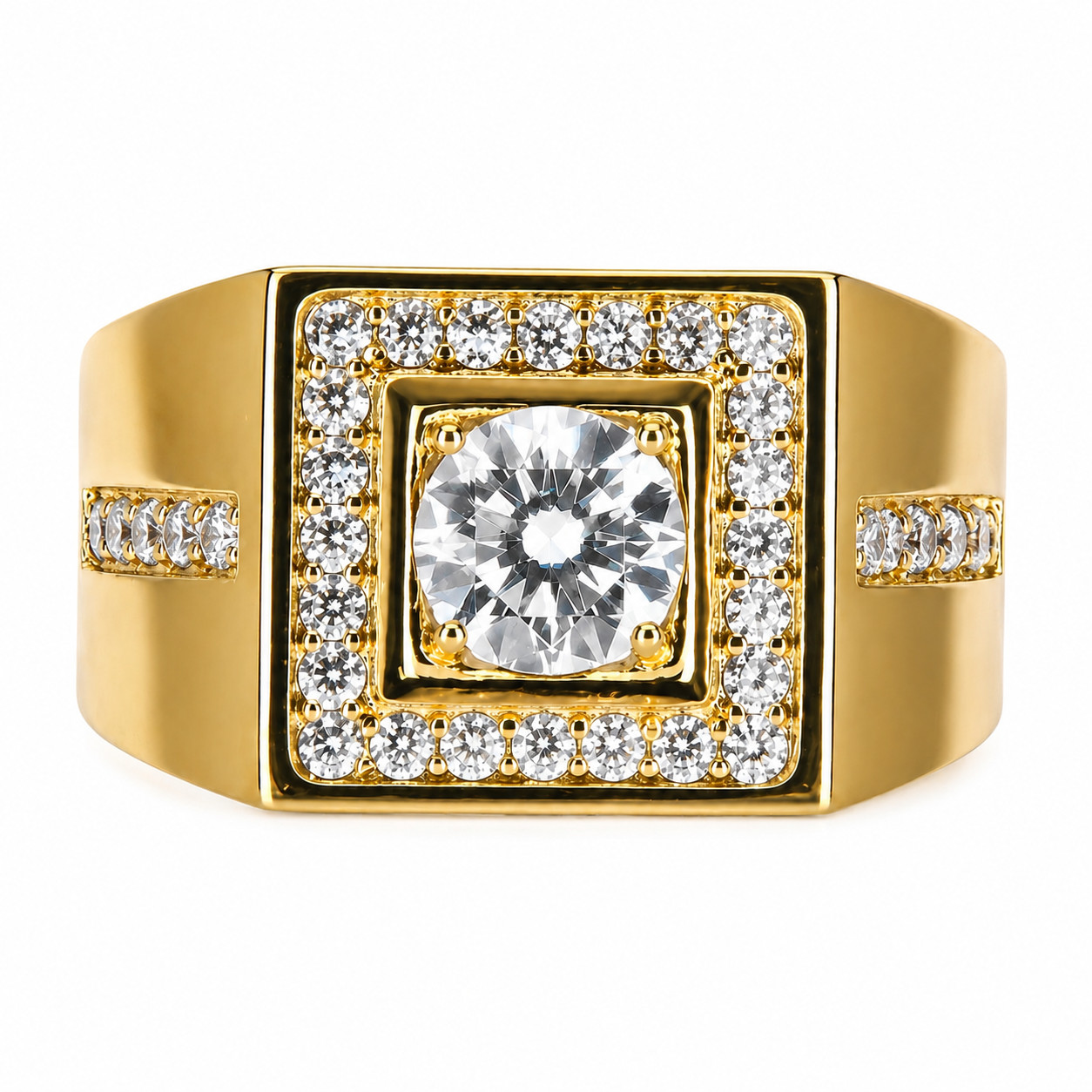 Italian 1/200 14k Yellow Gold Oro Iced CZ Signet Solitaire Ring Anillo Men Women