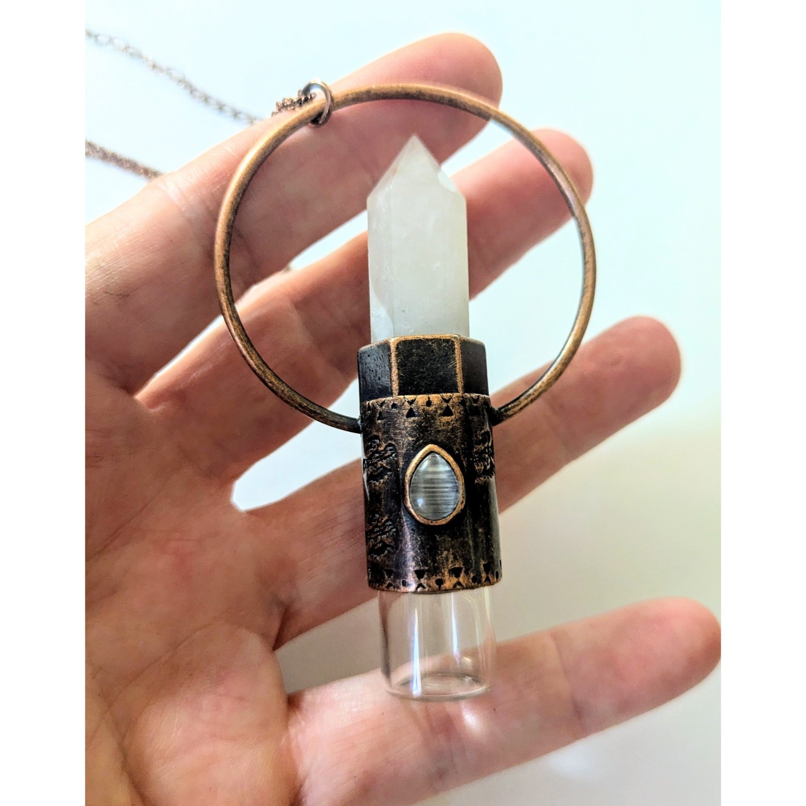 Copper & Quartz Crystal Essential Oil Rollerball Vial Pendant Necklace NEW