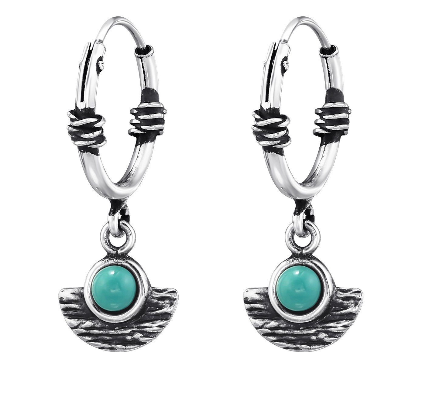 925 REAL SILVER *** Hoop Earrings 12mm Semicircle with Turquoise