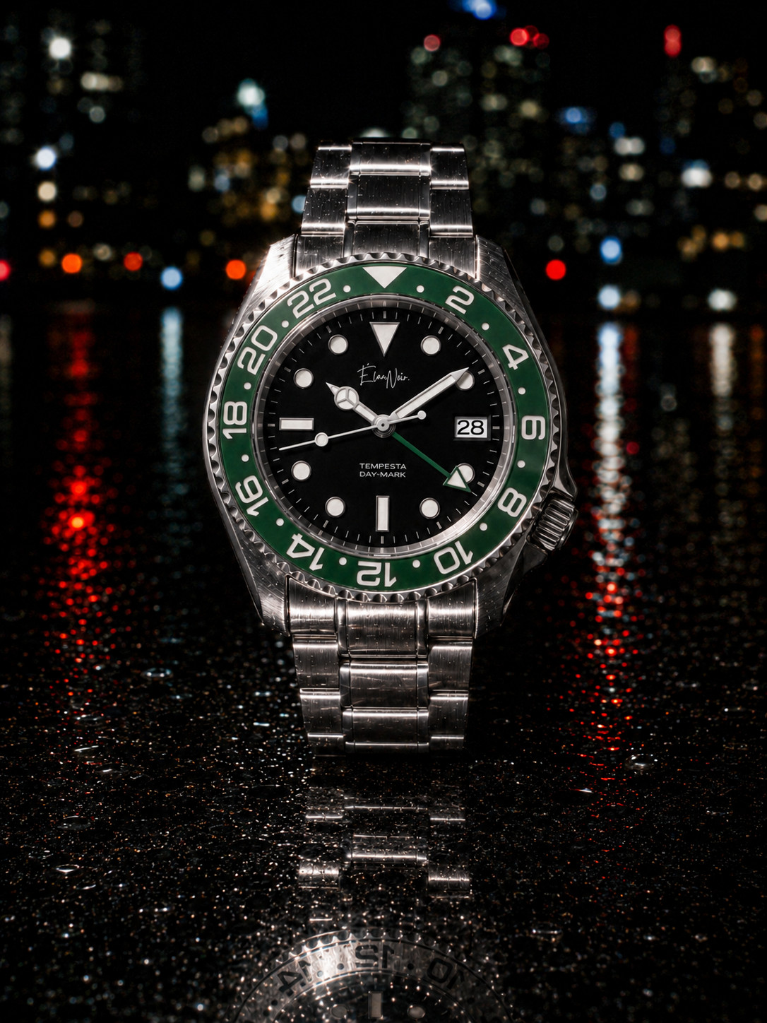 Custom Élan Noir Tempesta Exhibition GMT Watch 41mm Steel Black/Green NH35 Auto