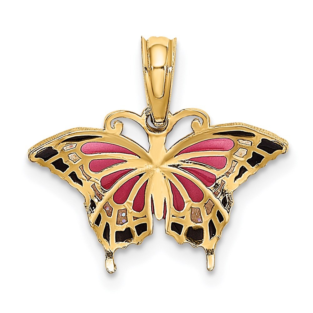 14k Yellow Gold Small Enameled Pink Butterfly Pendant 0.73gm L-15.1mm, W-17.2mm