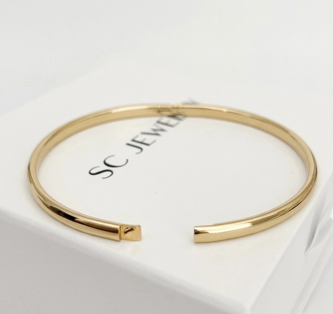 14K Gold Plated Hinged Thin Bangle Bracelet Water Resistant Rhodium Finish