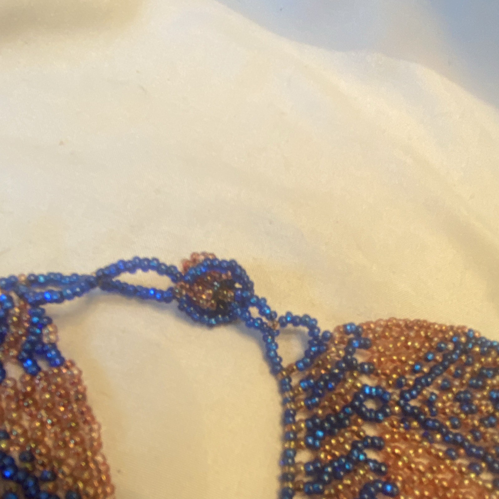 Vintage Blue & Brown Glass Beaded Geometric Bib Choker Necklace Adjustable 10in