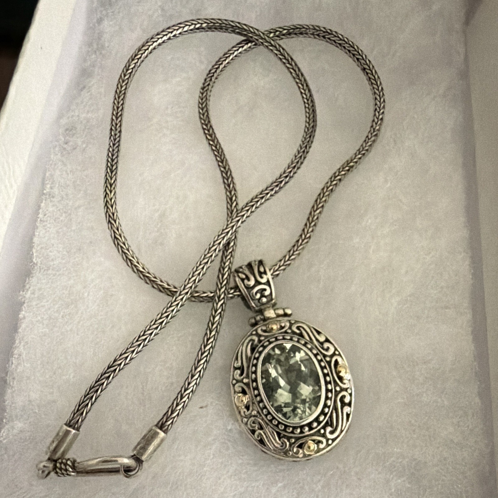 Indo 925 Sterling Silver & 18K Gold Oval Green Amethyst Pendant 18in