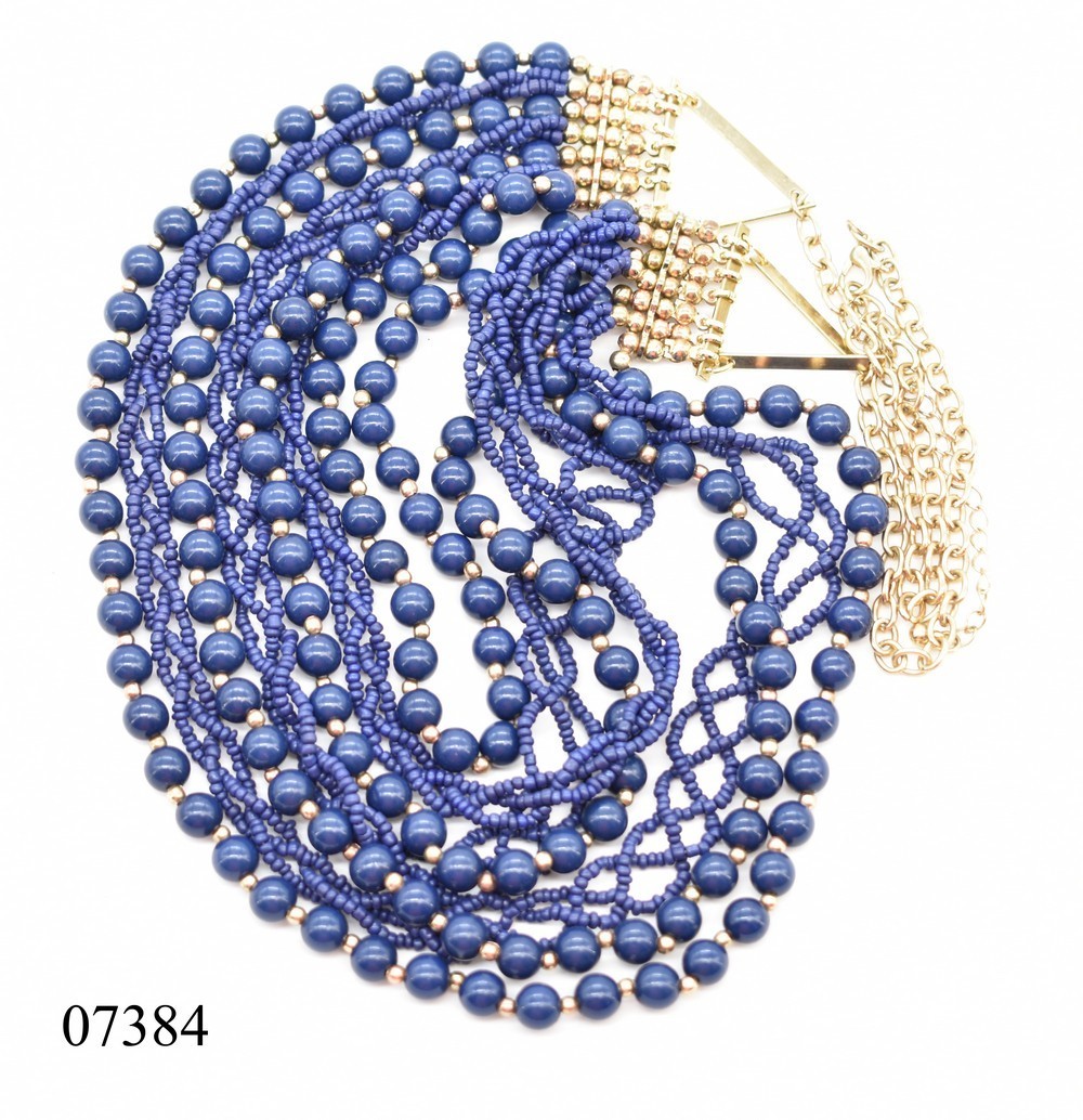 Gold-P Multi-strand Slate Blue Bead & Braided Navy Seed Bead Chain Bib Necklace