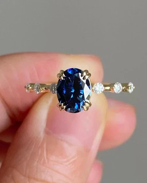 2CT Oval Cut Simulated Blue Sapphire Engagement Ring 14K Yellow Gold Plated