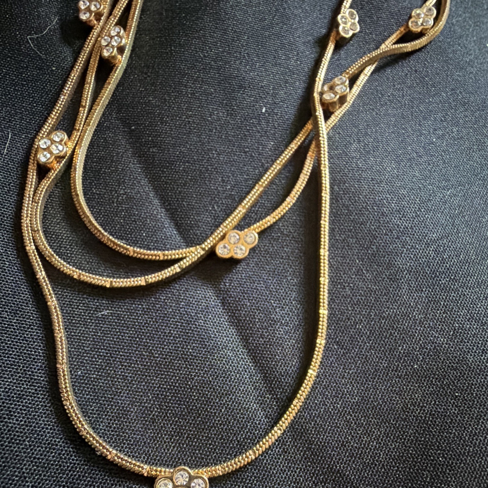 Gold-Tone Layered Snake Chain Necklace Clear Round Crystal Charms Lobster Adj