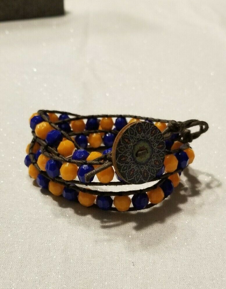 Blue/Orange Gator/Bronco/Auburn Themed Rondelle 3 Wrap Bracelet on Brown Leather