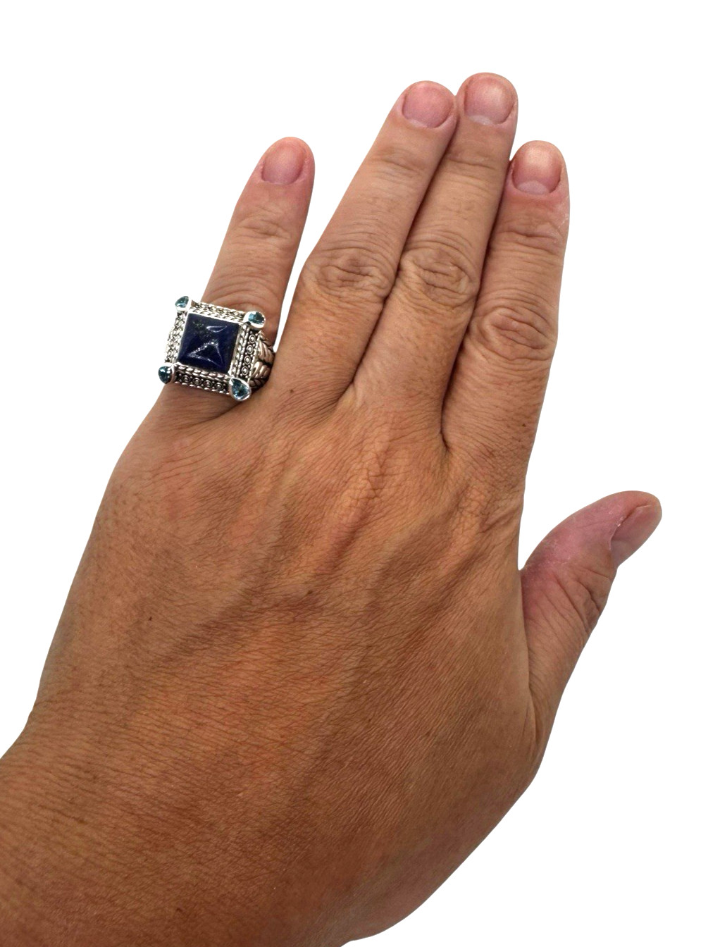 JAI John Hardy Sterling Silver Lapis Lazuli Blue Topaz Statement Ring Size 9
