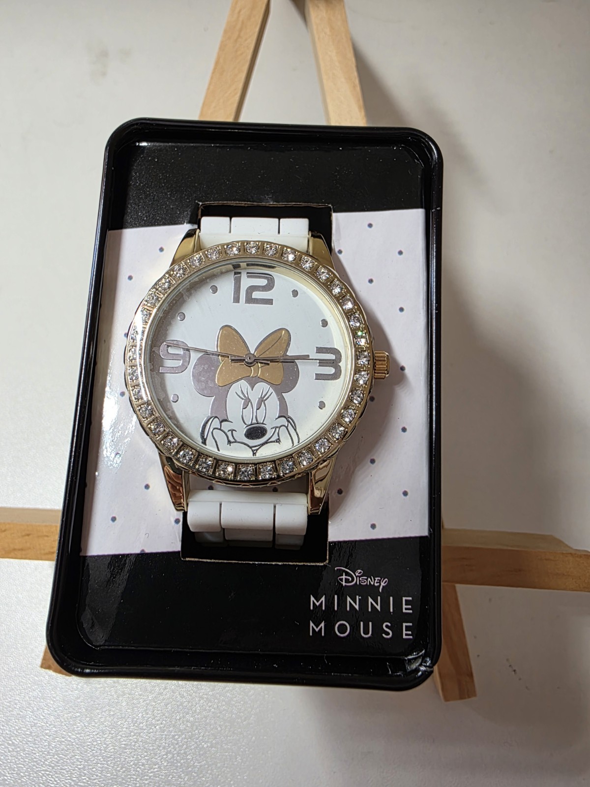 Disney Minnie Mouse Quartz Analog Watch White Silicone Strap Gold Case w/Box