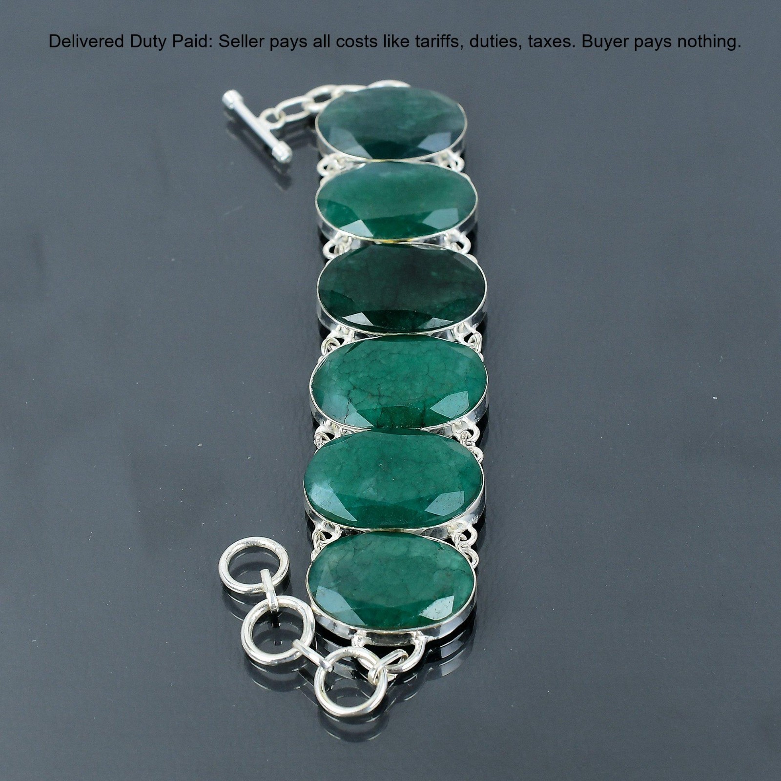 925 Sterling Silver Oval Zambian Emrald Gemstone Handcrafted Wife Chain Bracelet