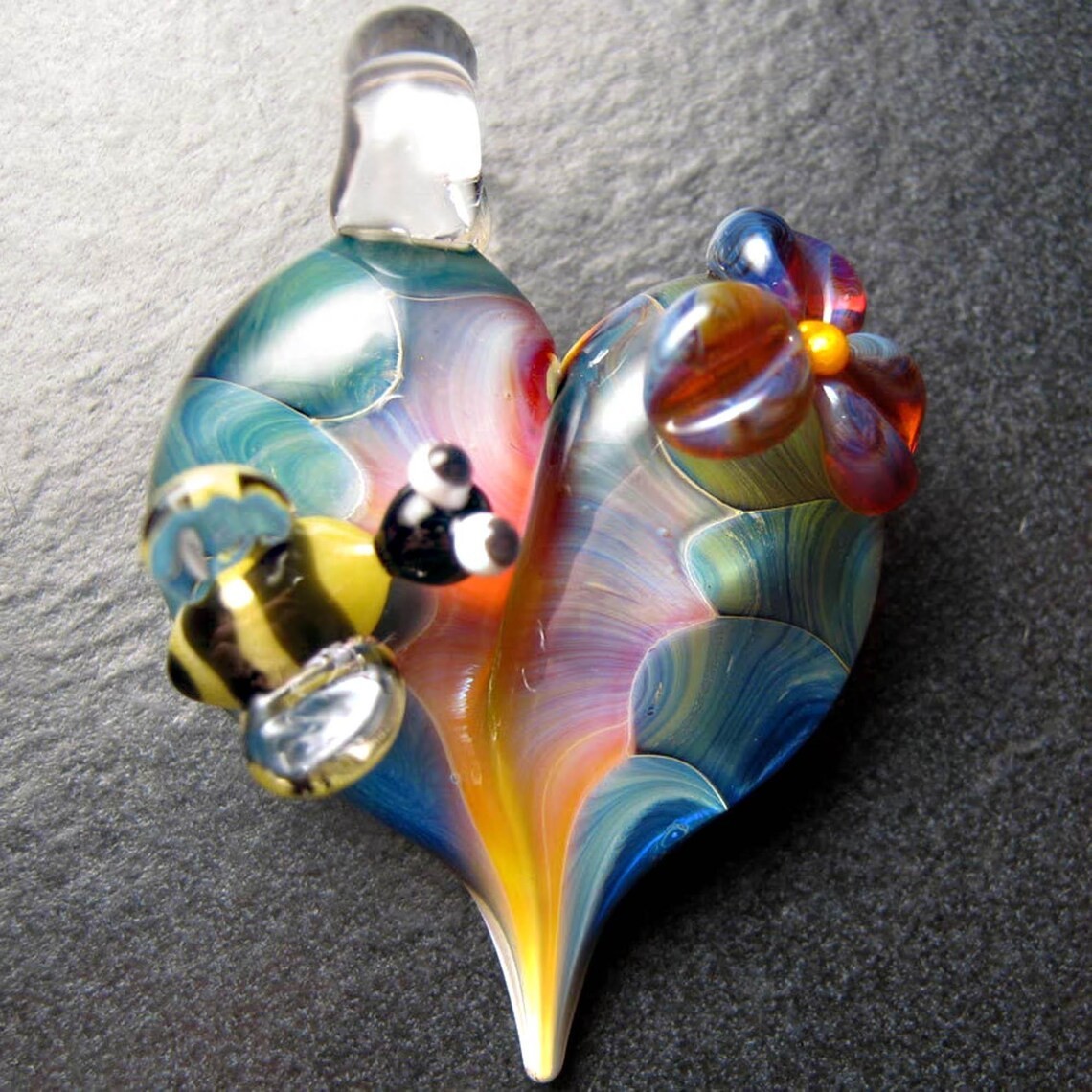 Boomwire Glass Flower Bee pendant Contemporary Handmade lampwork jewelry bead