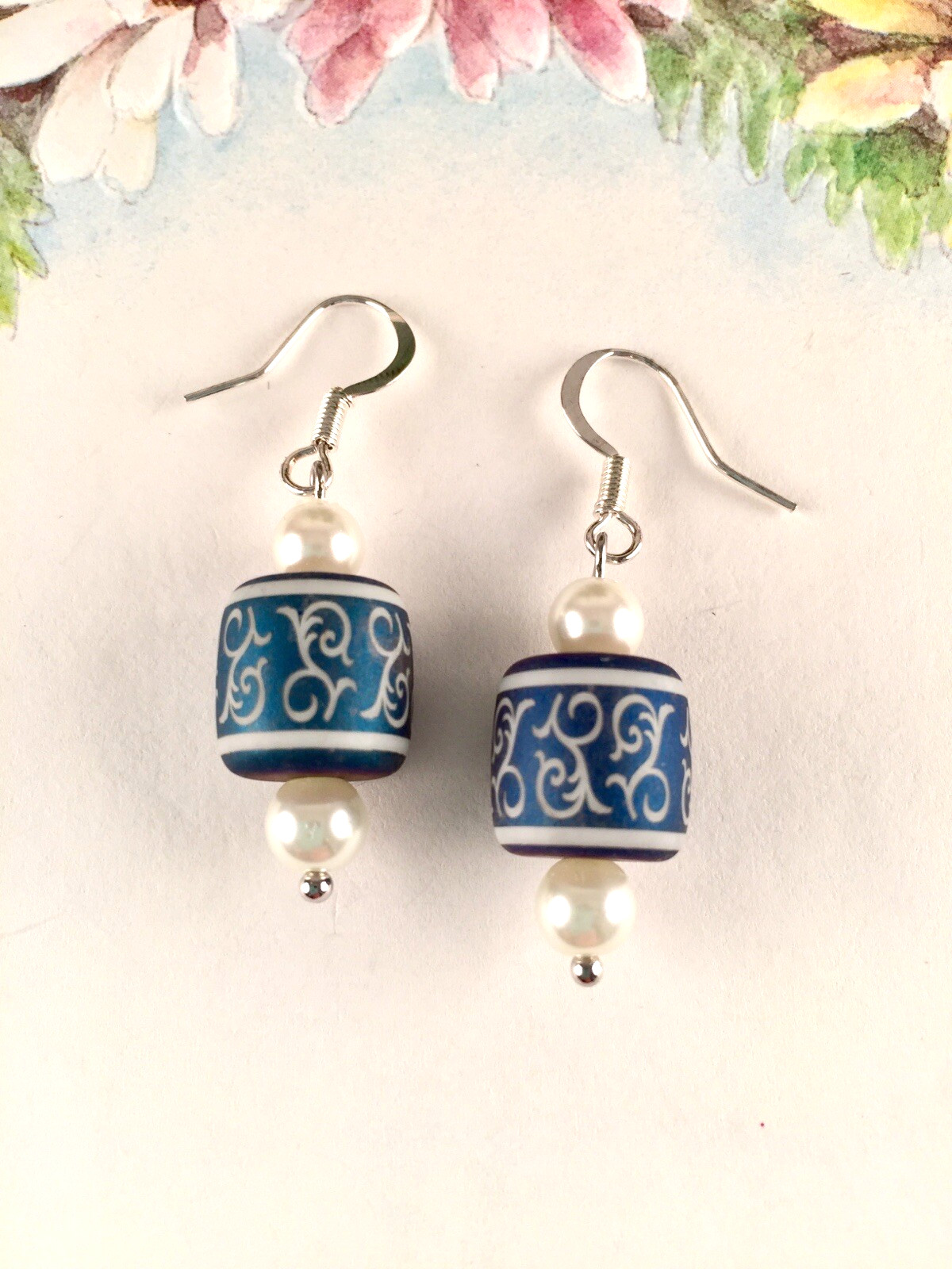 Blue & White Pearl Silver Drop Earrings Women Handmade Artisan Fashion Jewelry