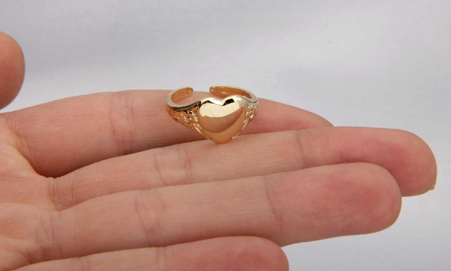 17mm 24k Shiny Gold Plated Heart Ring, Stamping Ring, Adjustable