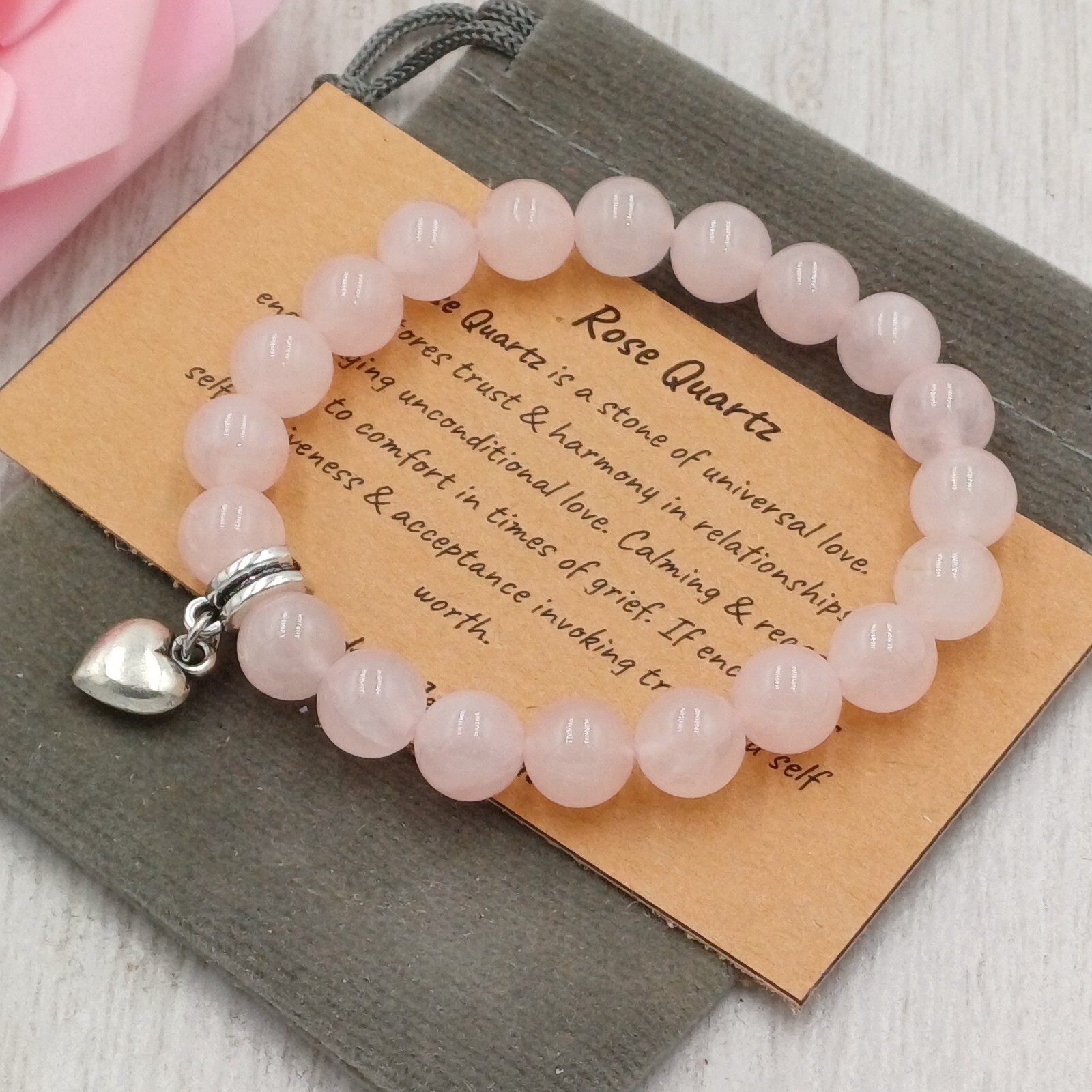 ROSE QUARTZ Bracelet Stretch Fit Handmade + Gift Bag & Card Crystal Gemstone 8mm