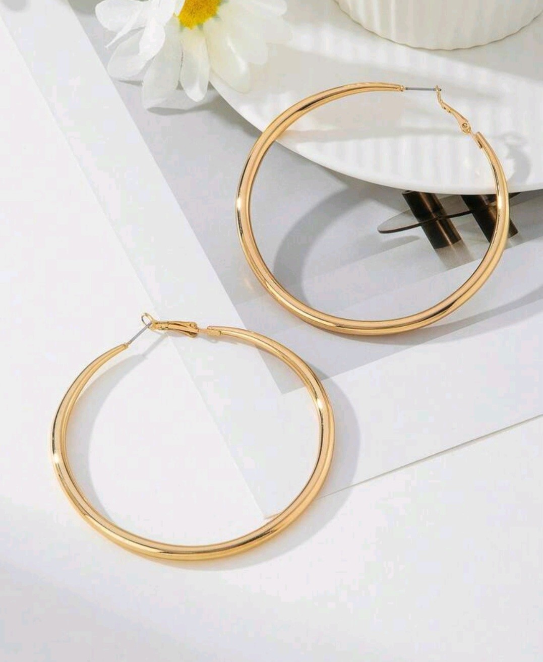 Gold Large Round Hoop Metal Latch Back Fashion Earrings for Lobe 7.4 cm