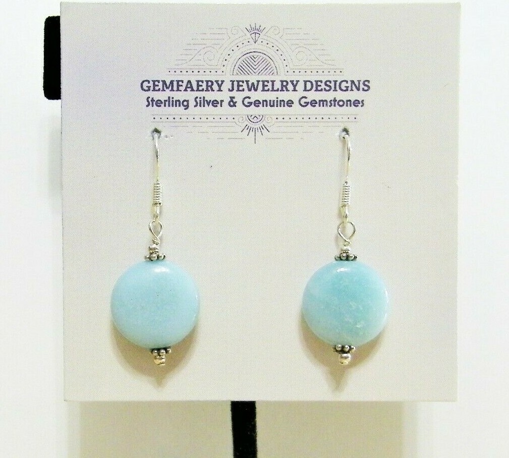 Sterling Silver Natural AMAZONITE Gemstone Disc Dangle Earrings…Handmade USA