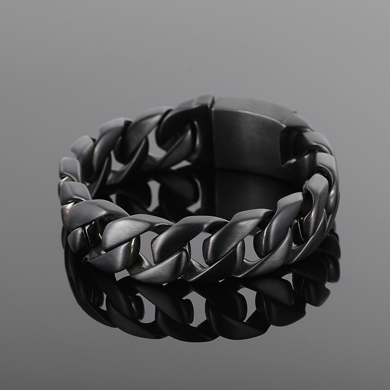 114g Heavy Mens Black Stainless Steel Curb Link Chain Bracelet Bangle 17mm 9”