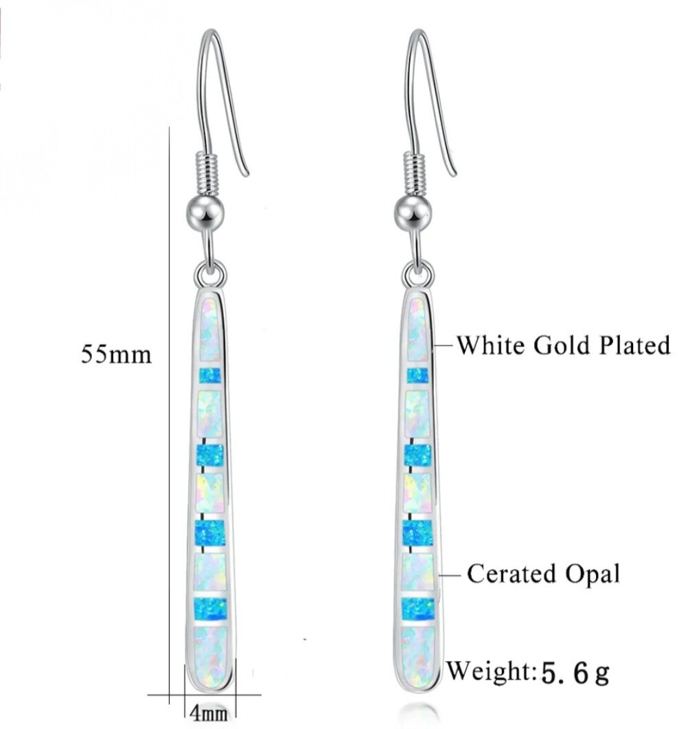 NEW Trendy 925 Silver Pendulum Earrings White Blue Fire Opal, Cool Design