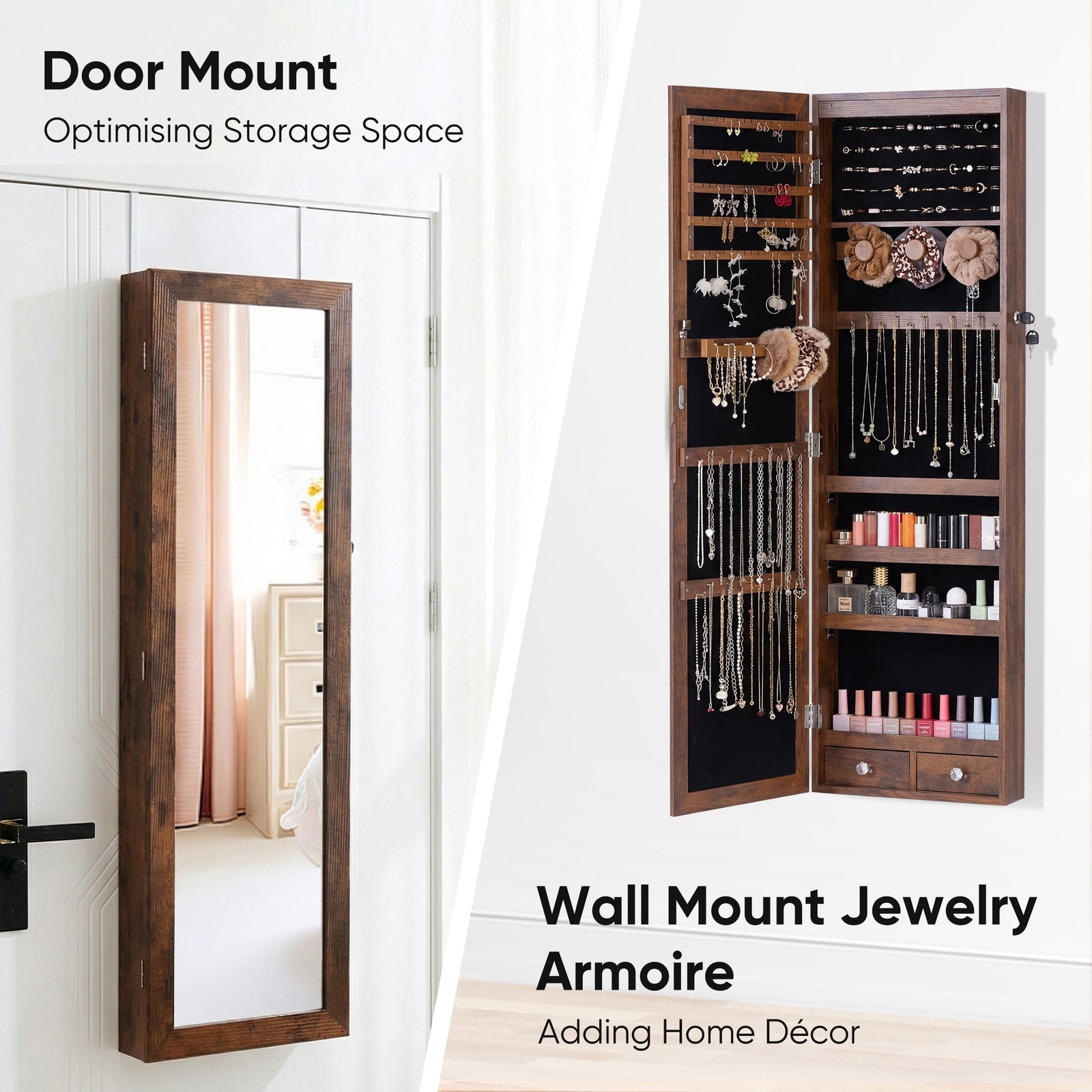 JHK Full Length Mirror Jewelry Cabinet w/ 6 LED Lights,Wall Mounted/Door Hanging