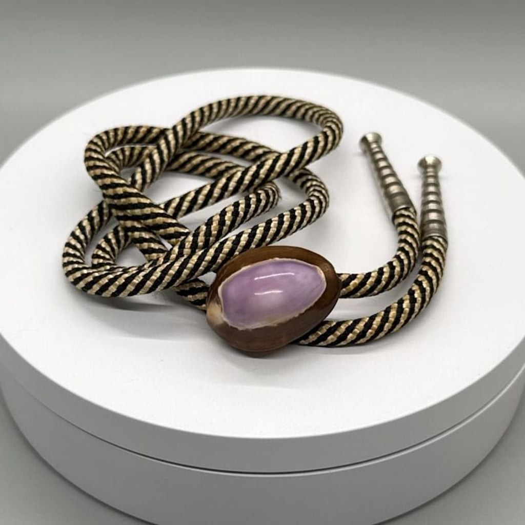 Handcrafted Purple Top Cowrie Shell Bolo Tie Braided Cord Metal Tips Coastal Vtg