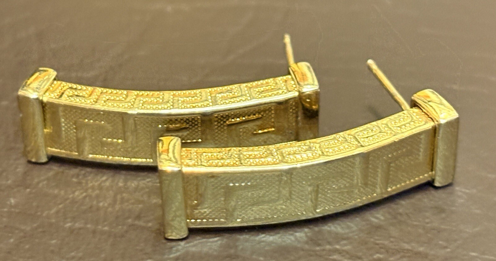 18K Yellow Gold Plated Designer Signed Greek Key Pierced Earrings