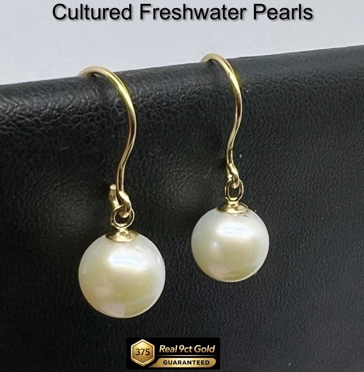 9ct Pearl Drop Earrings 8mm Genuine Cultured Freshwater Pearls 22mm Dangle Drop