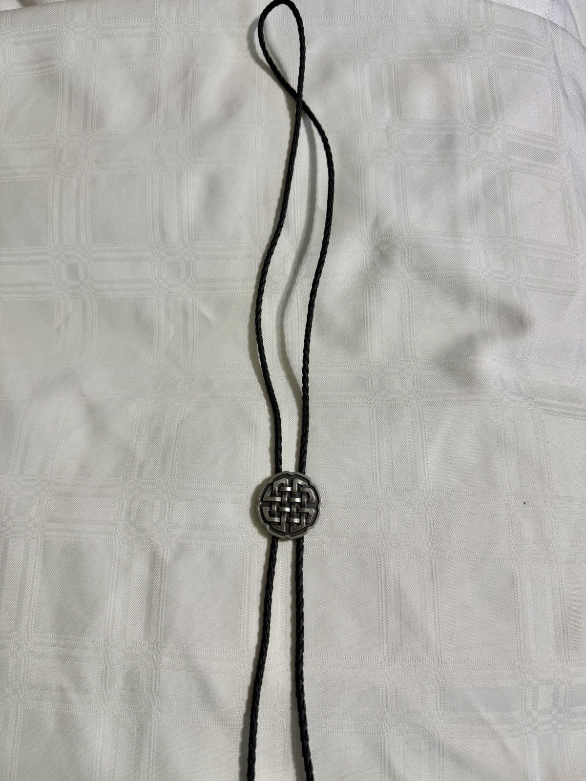 Leather BOLO Tie Silver Tone Metal Enamel Celtic Knot Country Western Neck Tie
