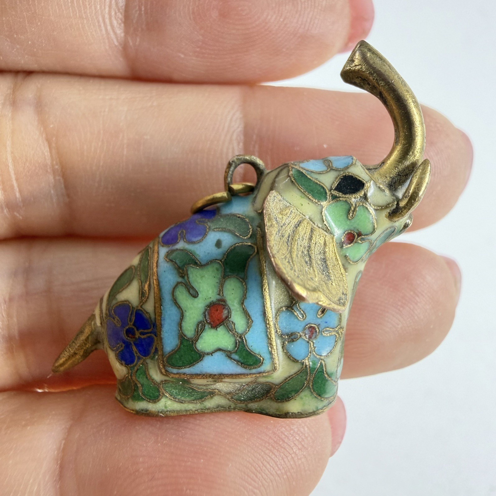 Cloisonné Enamel Elephant Pendant Charm Blue Up Trunk Vintage Chinese Export