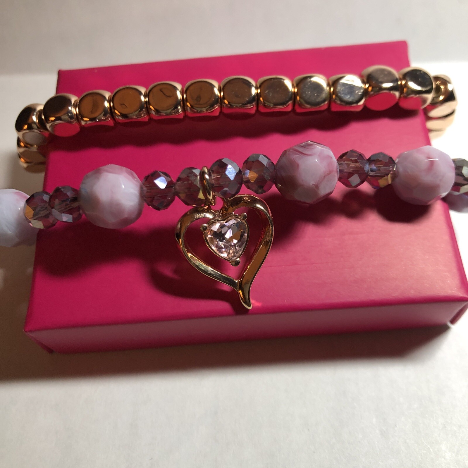 Avon Rose Gold Bracelet & Mauve Beaded Rhinestone Heart Charm Bracelet One Size
