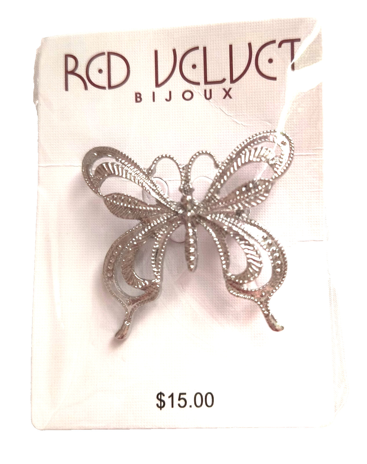 NEW Red Velt by Bijoux Women’s Jewelry Brooch Silvertone Butterfly 1.25″ x 1.25″