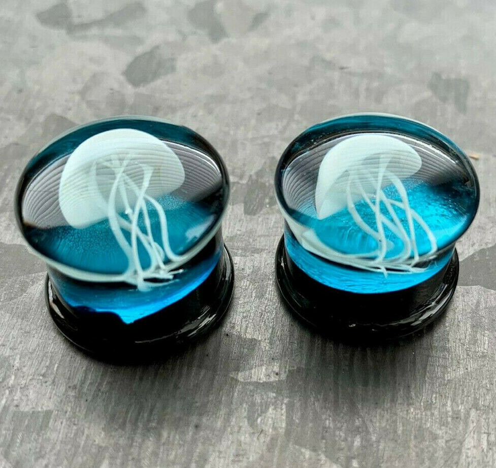 PAIR Jellyfish Design Glass Double Flare Plugs Jelly Fish Gauges Body Jewelry