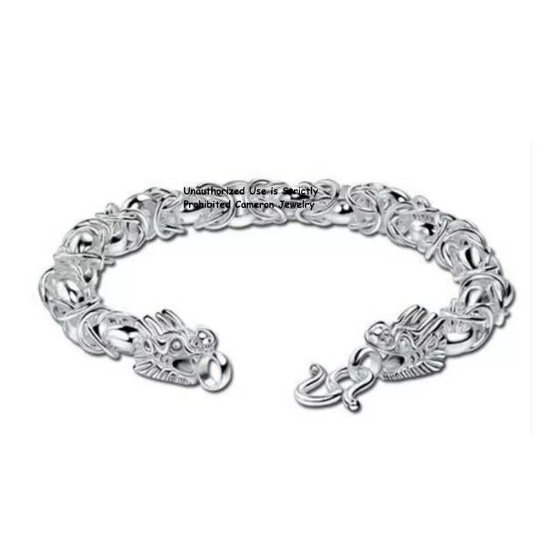 Pure S999 Fine Silver Chain Dragon Head 8-9mm Byzantine Thailand Link Bracelet