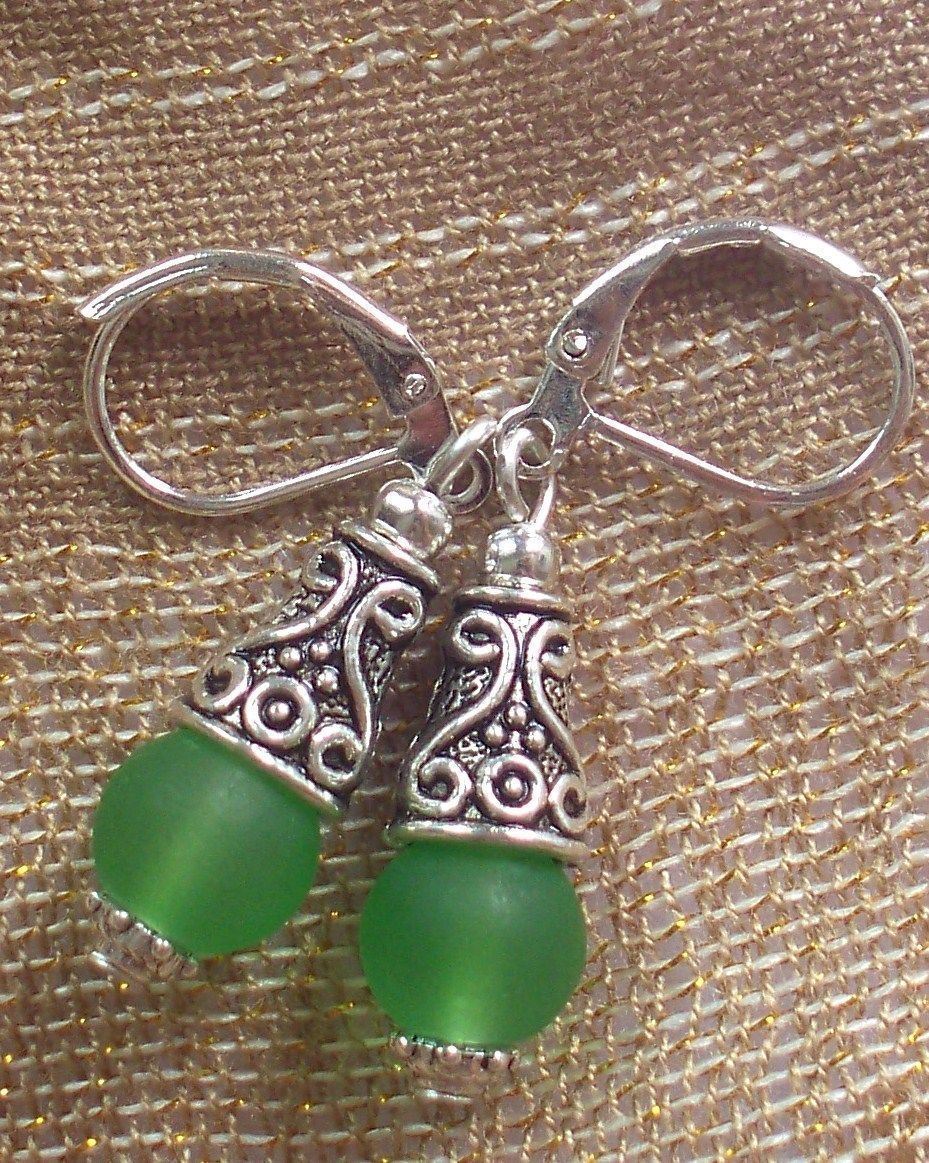 green BEACH SEA FROSTED GLASS drop earring SP HANDCRAFTED XX