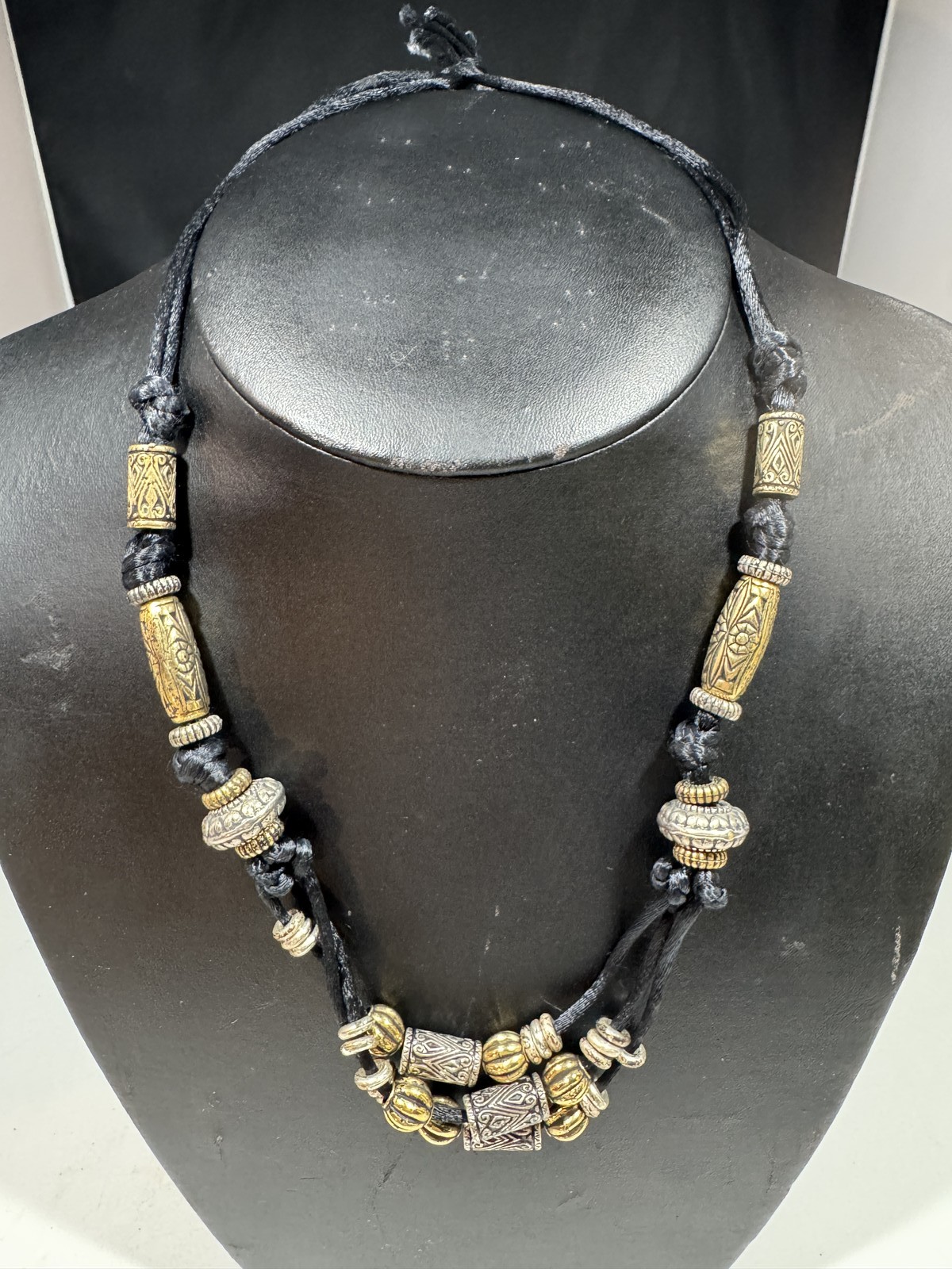 Ethnic Tribal Style Cord Necklace Adjustable Silver Gold Tone Metal Beads Unisex