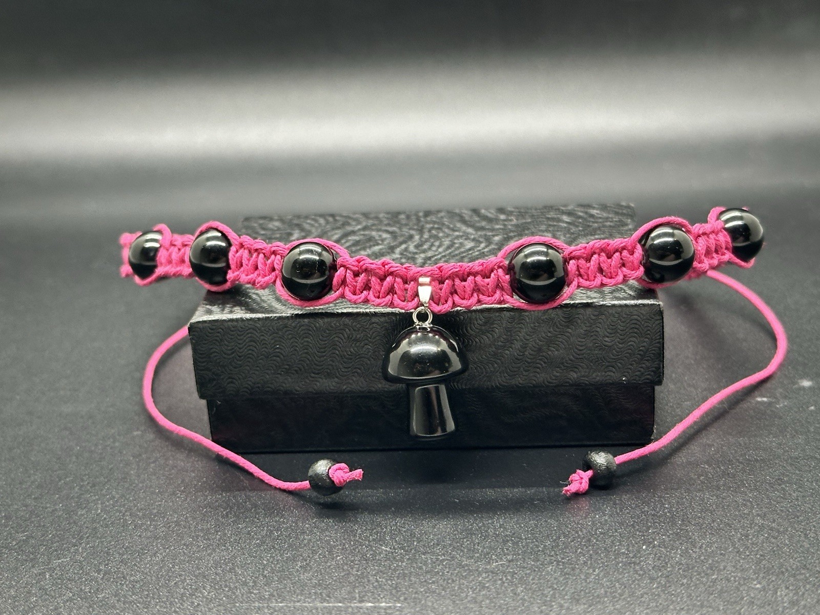 Onyx Mushroom Choker W/ Onyx Beads Necklace Pink Hemp Handmade Adjustable 11-30″