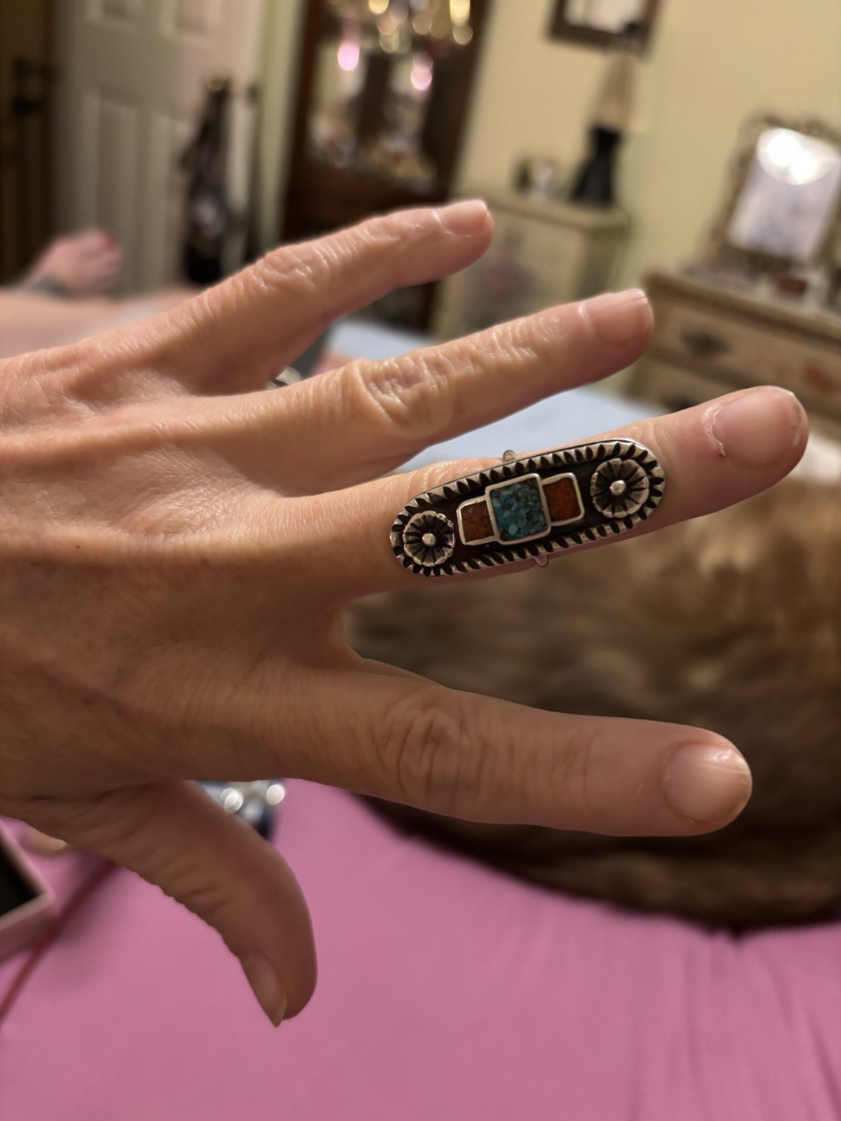 1.75” Native American Squash Blossom Turquoise Inlay Sterling Silver Ring 6.25