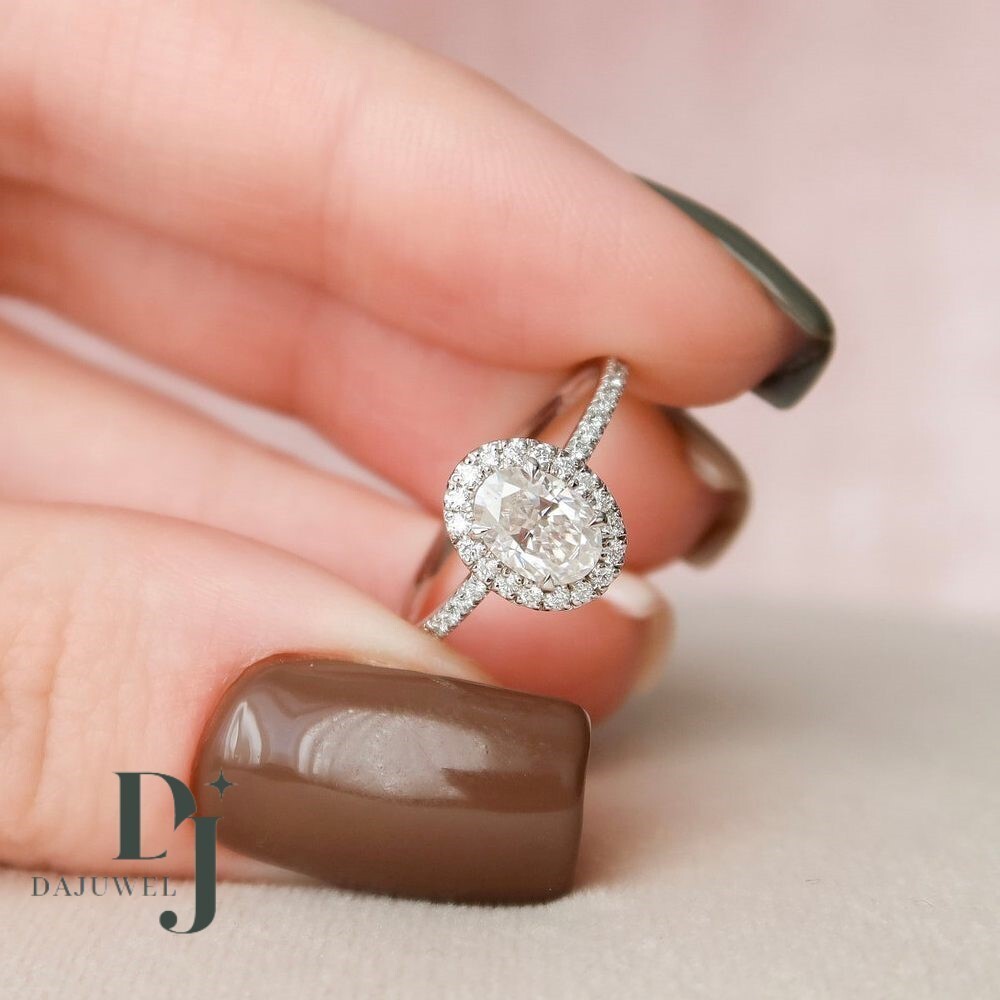 2.30 Carat Oval Cut F/VVS1 Moissanite Halo Engagement Ring Solid 14K White Gold