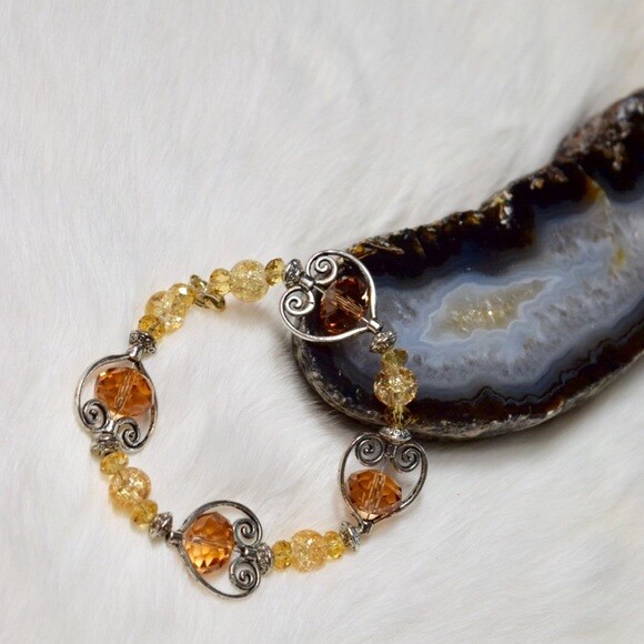 Beaded Bracelet Silver Tone Cream Champagne Colored Beads Statement Jewelry