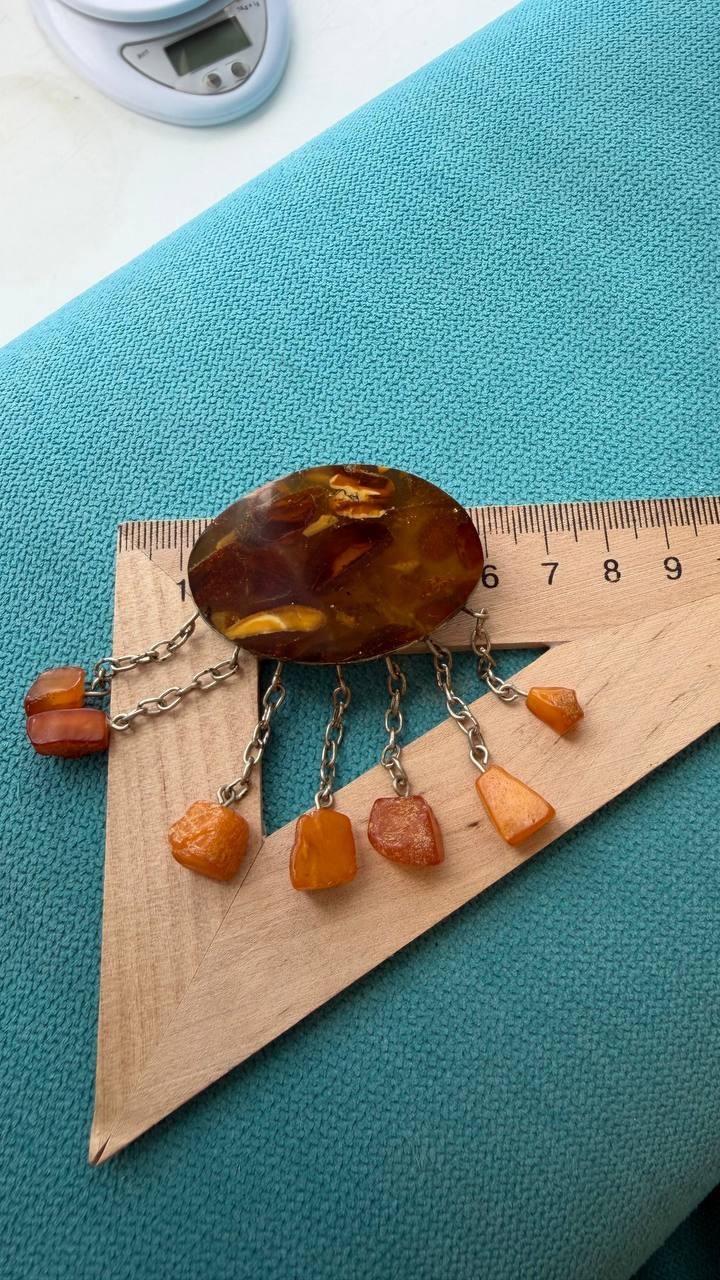 Vintage USSR Baltic Amber Mosaic Brooch Dangle Natural Amber 22g Rare